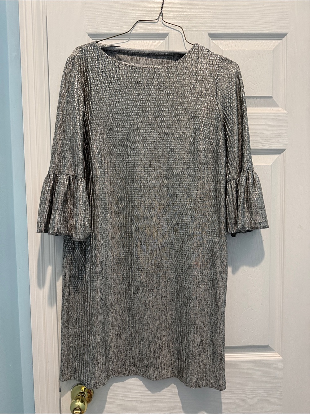 Silver Gray Textured Shift Dress with Ruffle Sleeves